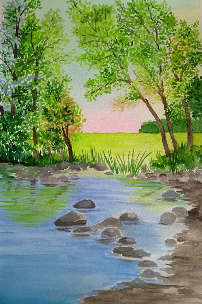 Dawn by the stream - My, Drawing, Landscape, Nature, Watercolor, Traditional art