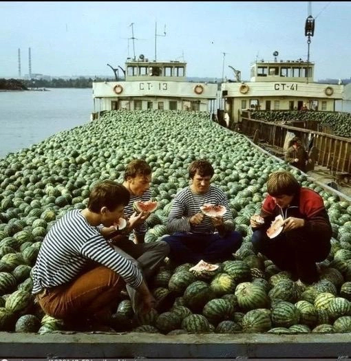 The watermelon harvest is being transported on a barge - a sight for sore eyes - the USSR, Made in USSR, Watermelon, Barge