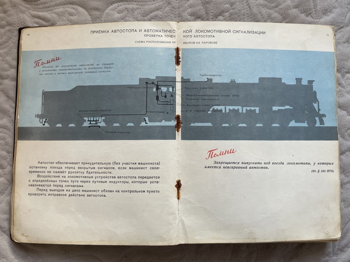 Описание приемки автостопа в «Пособии паровозному машинисту» 1953 года выпуска.