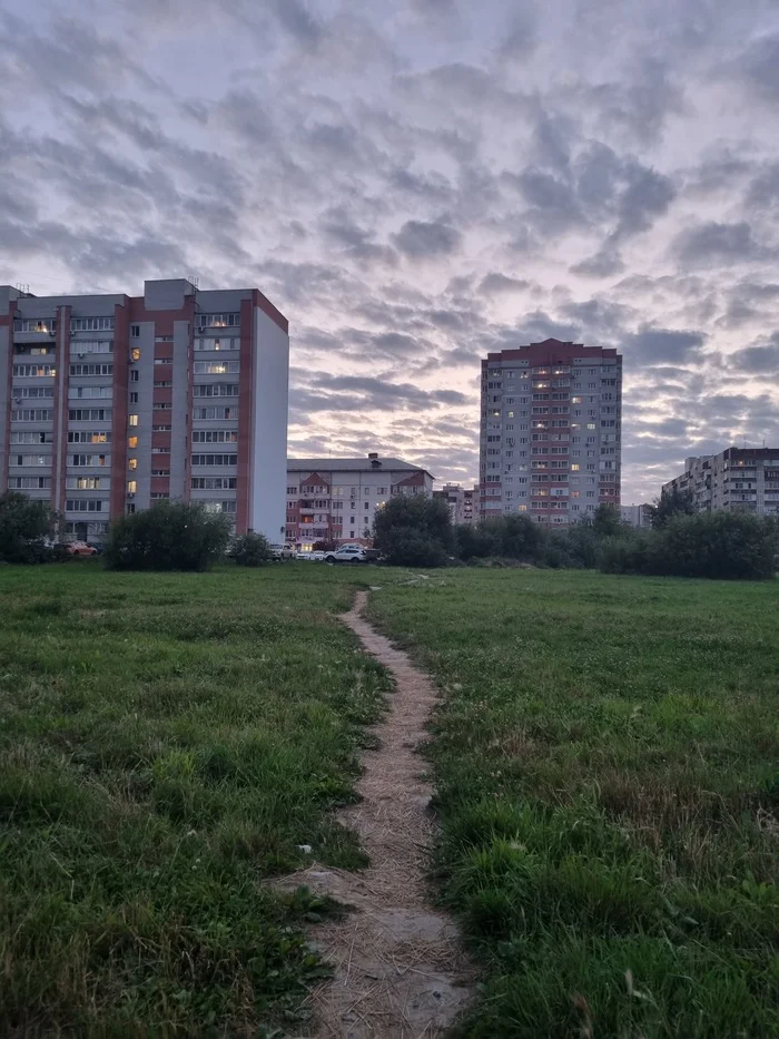 The road home at sunset - My, Tyumen, Tyumen region, Town, Road, House, Evening, Quake, Mobile photography