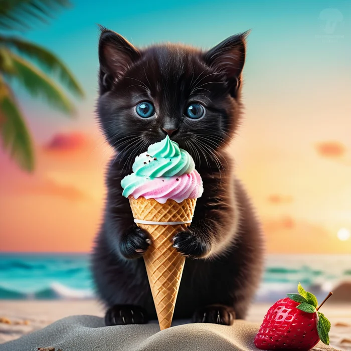 Happy Soft Ice Cream Day! - My, Neural network art, Chatgpt, Stable diffusion, Art, 2D, cat, Postcard, Absurd