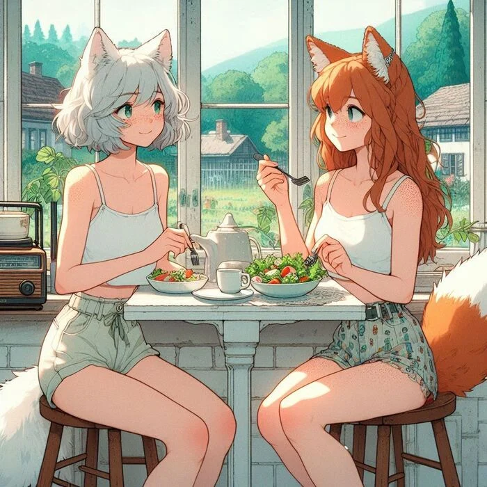 Let's draw a comic! - My, Neural network art, Art, Anime art, Girls, Нейронные сети, Anime, Original character, Kitsune, Animal ears, Tail, Comics, Summer, Ginger & White, Longpost, Pantsu