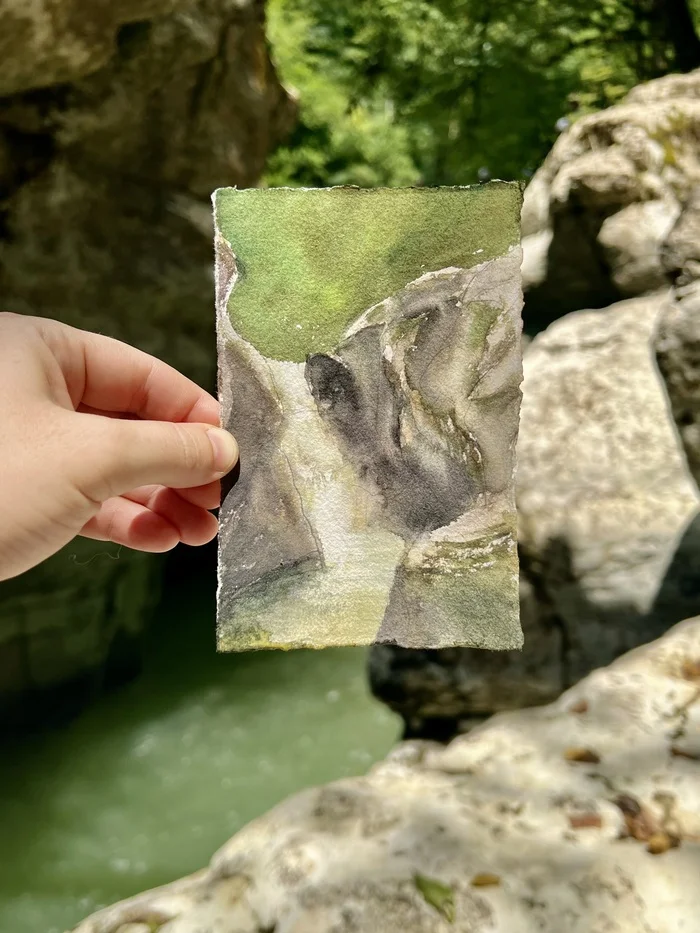 Зеленая вода - Моё, Акварель, Пленэр, Этюд, Пейзаж, Водопад, Художник, Длиннопост