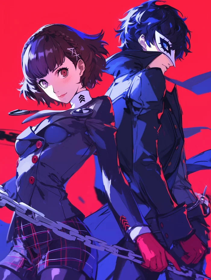 Makoto and Ren - Art, Anime, Anime art, Persona, Persona 5, Niijima Makoto, Games, Game art, Neural network art, Longpost