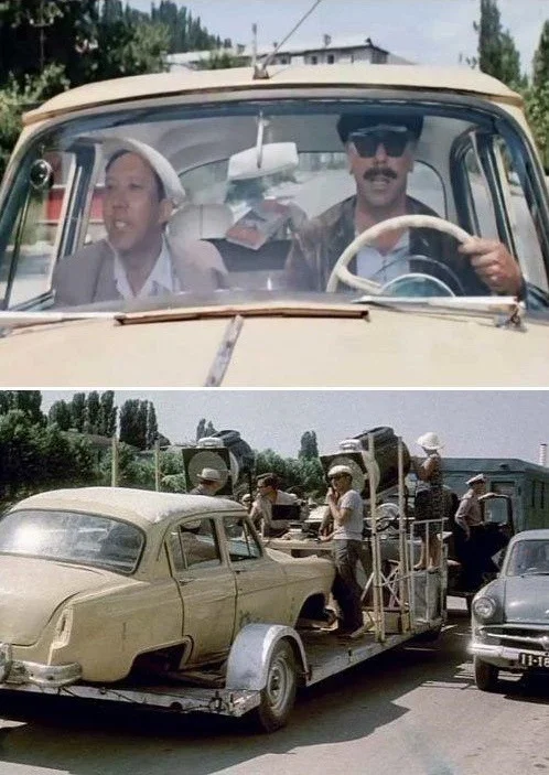 Filming a scene in a taxi on Dubrovka. This is how masterpieces were filmed without computer graphics, millions of dollars in investments and fees - Soviet cinema, Actors and actresses, Soviet actors, Yury Nikulin, Anatoly Papanov, Photos from filming, Repeat, The Diamond Arm