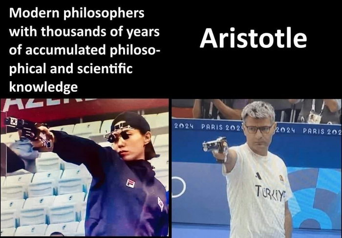 Слева типа современные крутые философы, у которых есть навороченные технологии и возможности, справа - Аристотель