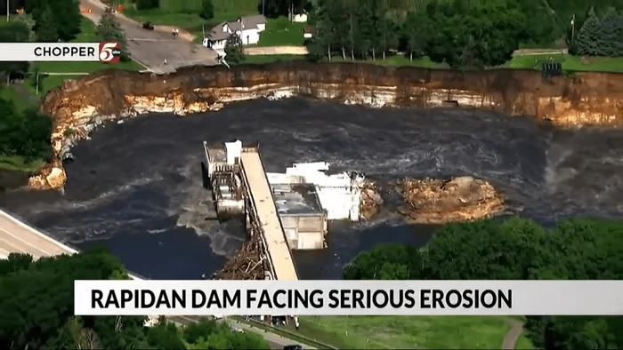 Flood has destroyed the dam on the river side - Flood, River, Element, Dam, Hydroelectric power station, Destruction, Dam, Minnesota, USA, 2024, Video, Vertical video, Longpost