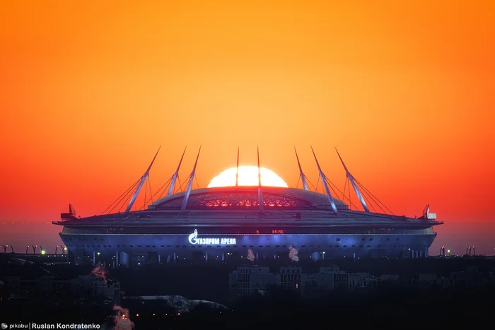 Gazprom Arena against the backdrop of sunset - My, Saint Petersburg, The photo, Canon, Town, Collage, Sunset, Evening, Gazprom arena