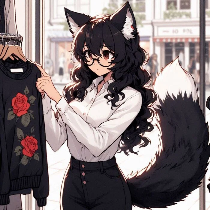 Sarah and the difficult choice - My, Neural network art, Нейронные сети, Girls, Anime art, Art, Anime, Original character, Kitsune, Animal ears, Tail, Pullover, Purchase, Ginger & White, Longpost