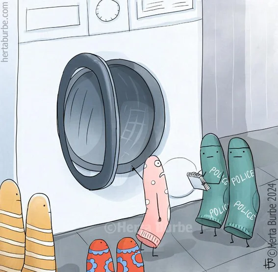 gone missing - Comics, Herta Burbe, Socks, Washing machine, Police, The missing