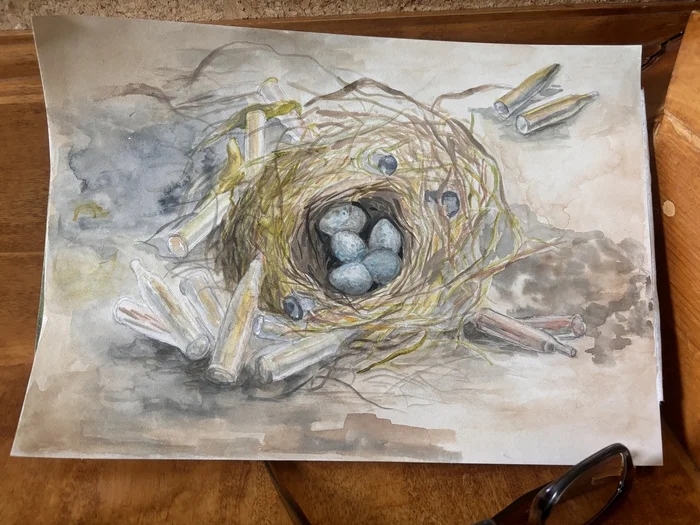 Reply to the post “Nature takes its toll” - My, Nest, Eggs, Land, Weapon casings, The photo, Watercolor, Drawing, Reply to post