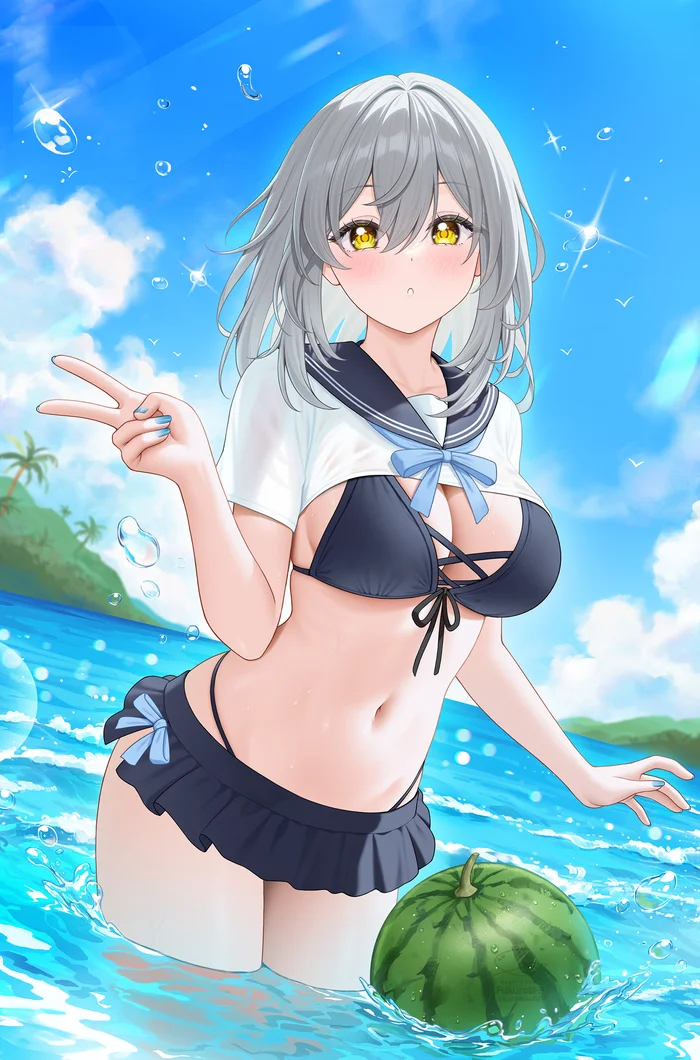 Stelle - Anime art, Anime, Honkai: Star Rail, Stelle (Honkai: Star Rail), Sea, Swimsuit, Watermelon, Fukuro, Longpost