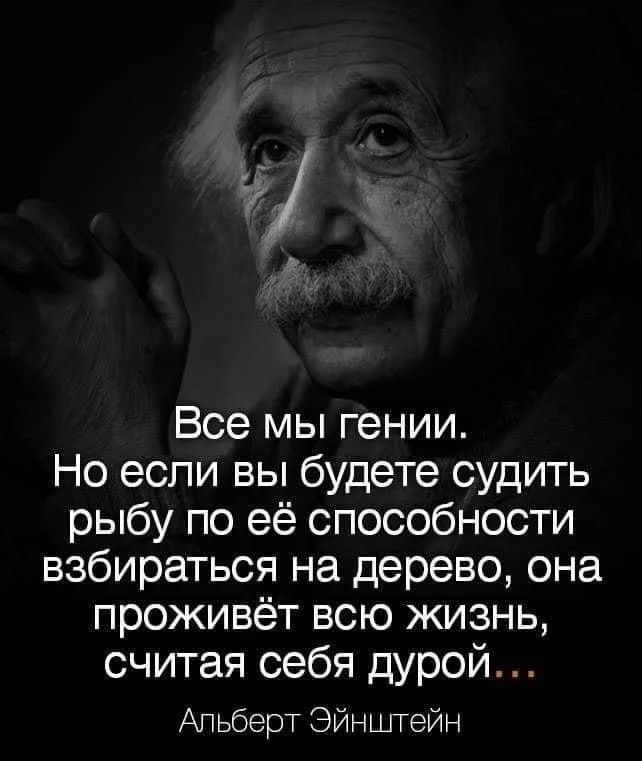 Все мы гении. Но если судить рыбу по способности забираться на дерево, то она всю жизнь проживет считая себя дурой - Юмор, Картинка с текстом, Цитаты, Мудрость, Гений, Альберт Эйнштейн, Философия