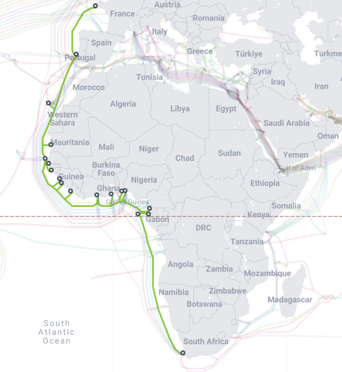 Поврежденный в 2018 году кабель African Coast to Europe (ACE)