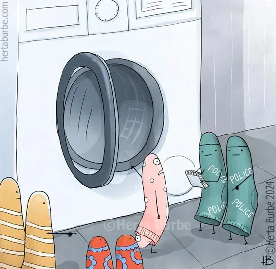 Reply to the post Missing - Comics, Herta Burbe, Socks, Washing machine, Police, The missing, Humor, Reply to post, Repeat