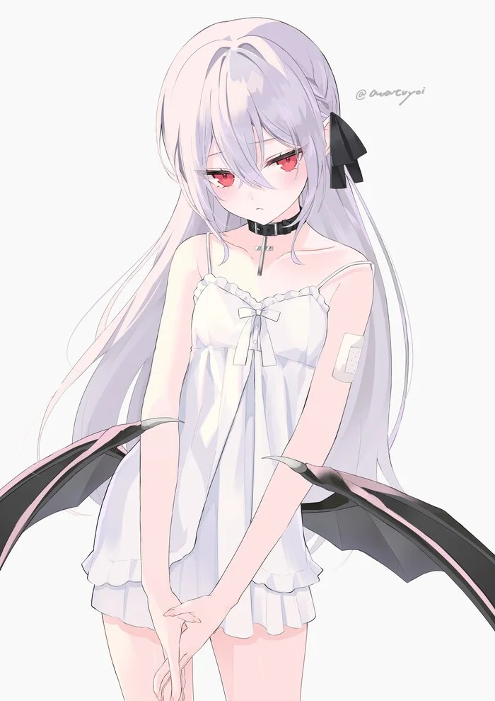 Vampire - Anime art, Original character, Anime, Vampires, Girls, White hair, Wings, The dress