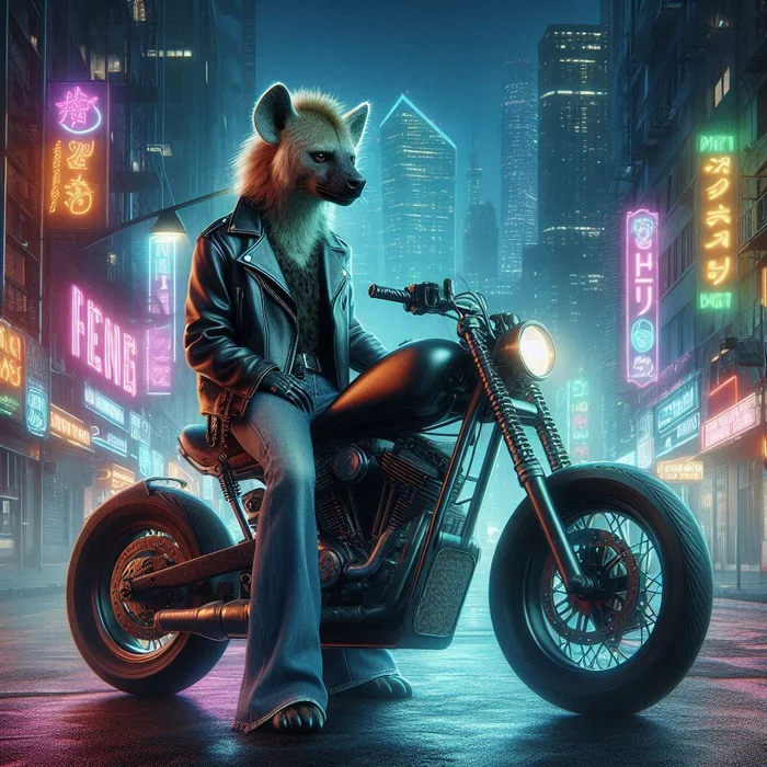 Gnora decided to ride a motorcycle around the city at night - Furry, Art, Neural network art, Hyena, Spotted Hyena, Gnoll, Furry art