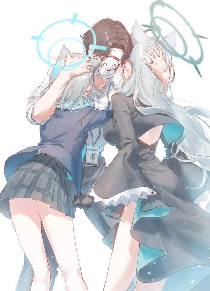 Sunaookami Shiroko #013 - Anime, Anime art, Blue archive, Sensei (blue archive), Sunaookami shiroko, Shiroko Terror, Animal ears, Nimbus, Long hair, Barrette, Tears, Skirt, The dress, Shirt, Hugs