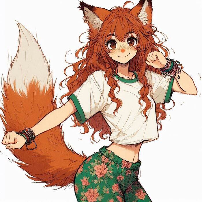 Aerobics with Ginger - My, Art, Neural network art, Нейронные сети, Girls, Anime art, Anime, Original character, Kitsune, Redheads, Freckles, Aerobics, Sport, Ginger & White, Longpost