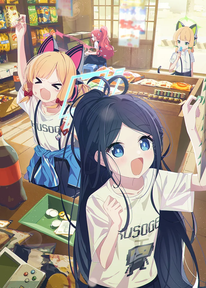 Game development department's trip to a candy store - Anime art, Anime, Girls, Games, Blue archive, Saiba Momoi, Saiba Midori, Tendou Alice, Hanaoka Yuzu, Headphones, Tail, Art, Twins