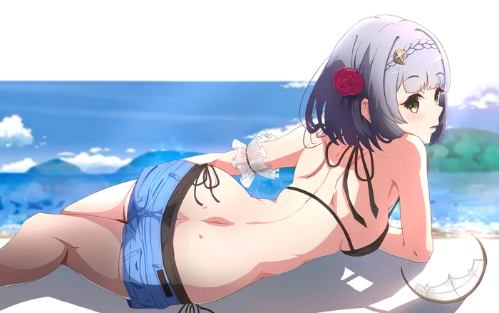 Noelle - Anime art, Anime, Girls, Games, Genshin impact, Noelle (Genshin Impact), Shorts, Swimsuit, Beach, Sea