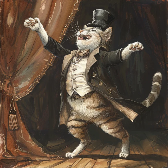 Cats perform on stage! - My, Drawing, cat, Scene, Performance, Hat, Costume, Longpost