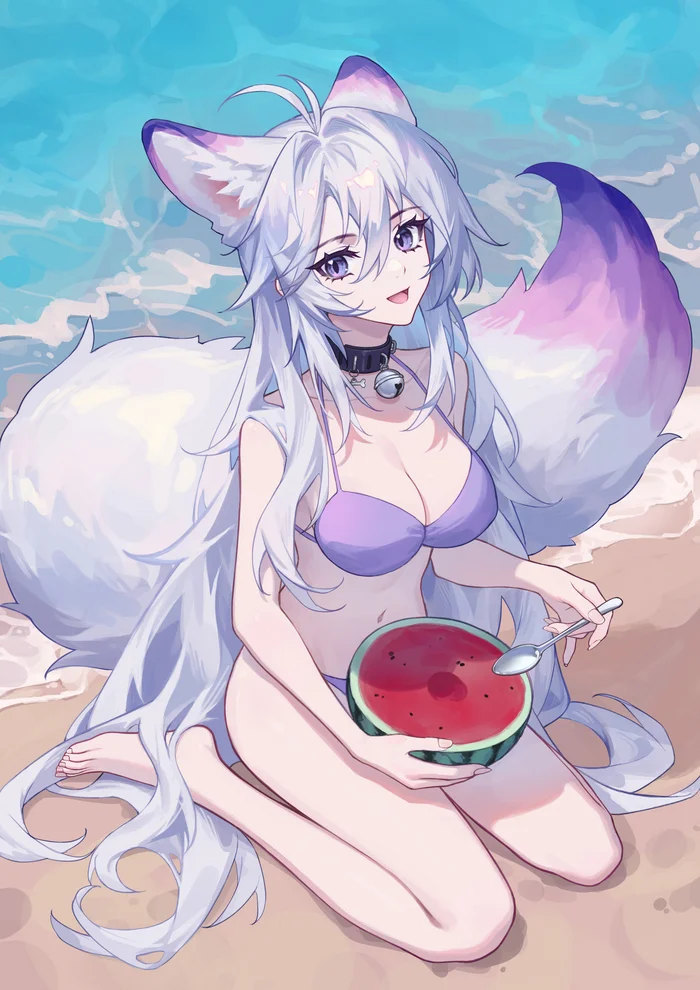 Chanterelle and watermelon - Anime art, Anime, Kirby D a, Original character, Kitsune, Animal ears, Tail, Swimsuit, Watermelon, Beach, Sea, Collar