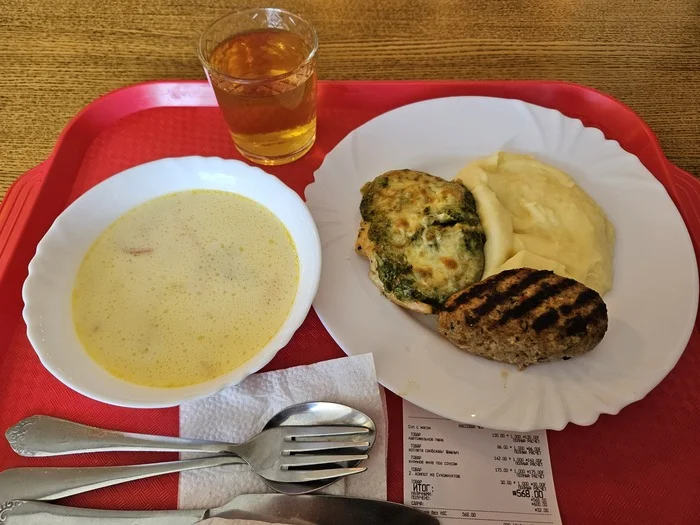 How much does it cost to eat in a canteen in the near Moscow region? - My, Prices, Food, Dinner, Canteen, High prices, Soup, Cutlets, Chicken fillet, Compote, Serving dishes, Menu