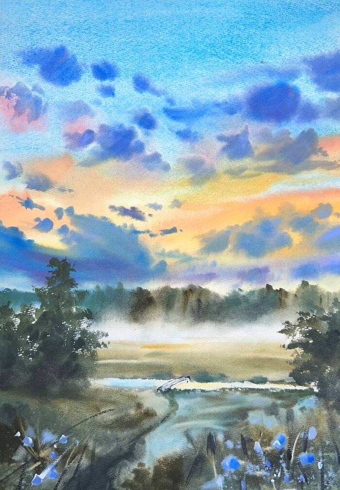 Watercolor. August fog - My, Painting, Graphics, Watercolor, Landscape, Art