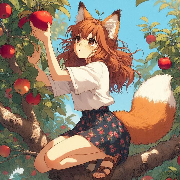 At the top of the head are the most delicious apples! - My, Art, Neural network art, Нейронные сети, Girls, Anime art, Anime, Original character, Kitsune, Animal ears, Tail, Redheads, Freckles, Summer, Apples, Ginger & White, Longpost