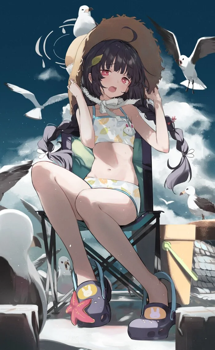 Troubled fishing - Anime art, Anime, Girls, Games, Blue archive, Kasumizawa Miyu, Art, Seagulls, Fishing, Swimsuit, Bikini