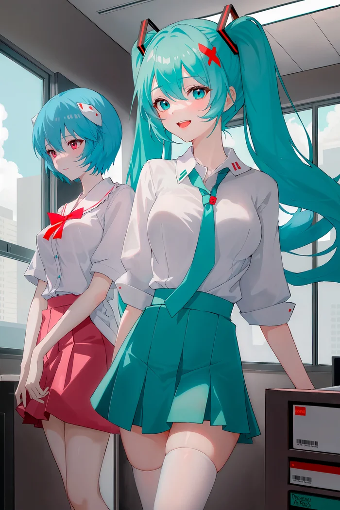 Friday Miku #2: End of the work week at the HP office - My, Hatsune Miku, Rei ayanami, Anime art, Office workers, Tie, Skirt, Portrait, Digital drawing, Stable diffusion, Neural network art, Crossover, Blue eyes, Red eyes, Girls, Colorful hair, Friday