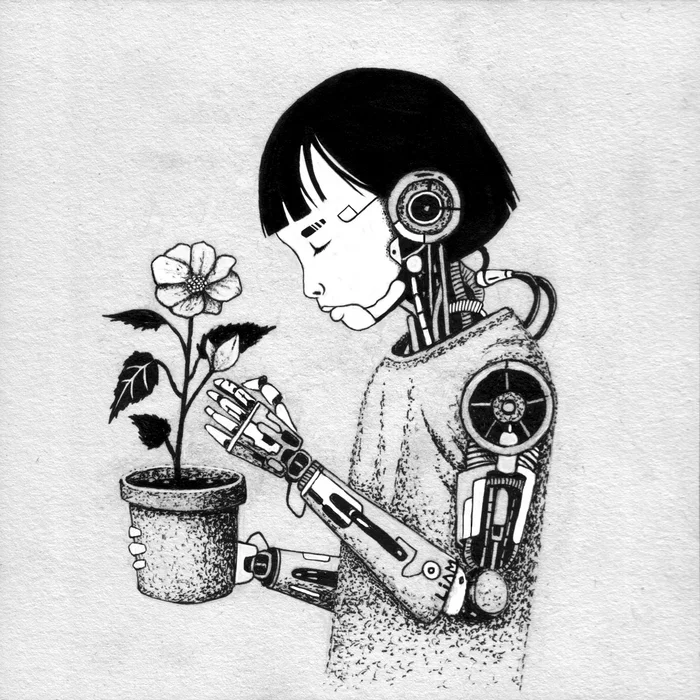 Take care of nature - My, Graphics, Art, Traditional art, Drawing, Flowers, Robot