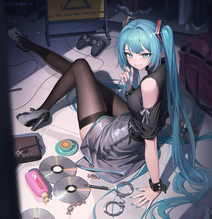 Hatsune Miku #113 - Anime, Anime art, Hatsune Miku, Girls, Long hair, High heels, Сумка, Gamepad, Stockings, Coffee, Pen, Belt, Zettai ryouiki, Skirt, Handcuffs, Smile, Lady's bag