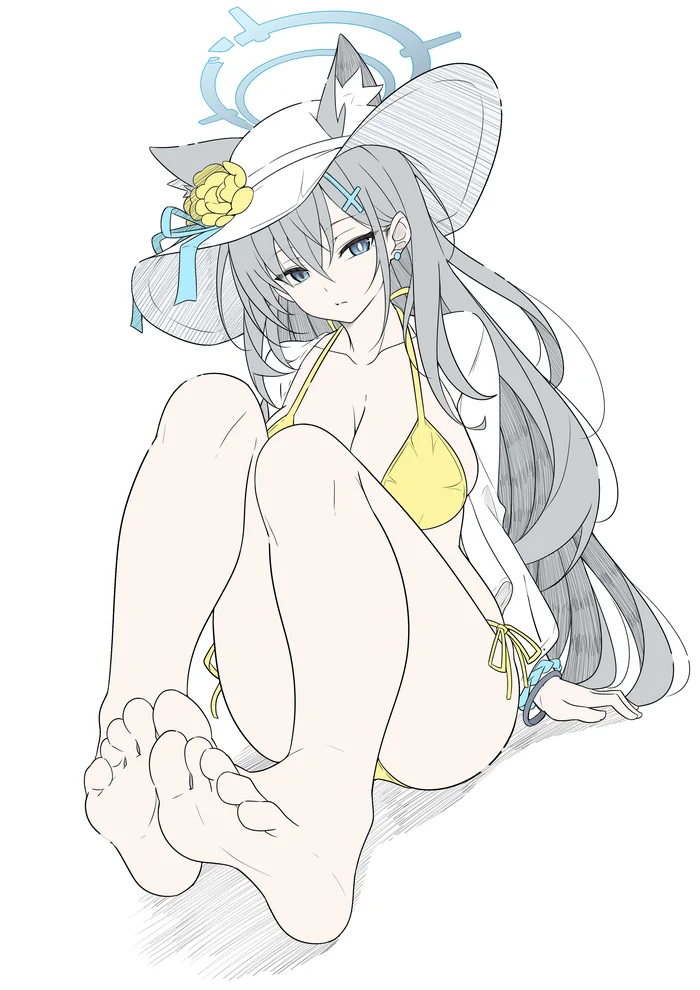 Shiroko - Anime art, Anime, Blue archive, Shiroko Terror, T1kosewad, Animal ears, Swimsuit, Legs, Foot fetish