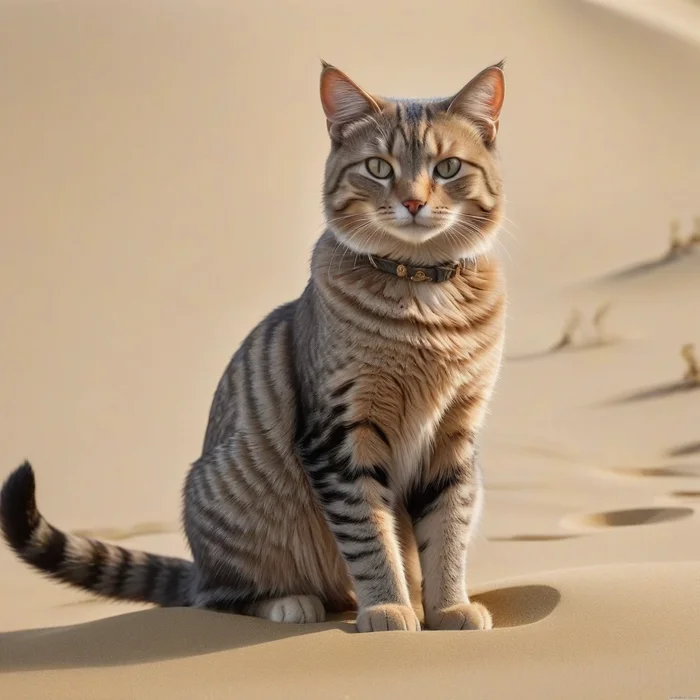 The cat sits in the sand - cat, Art, Handsome men, Drawing, Creation