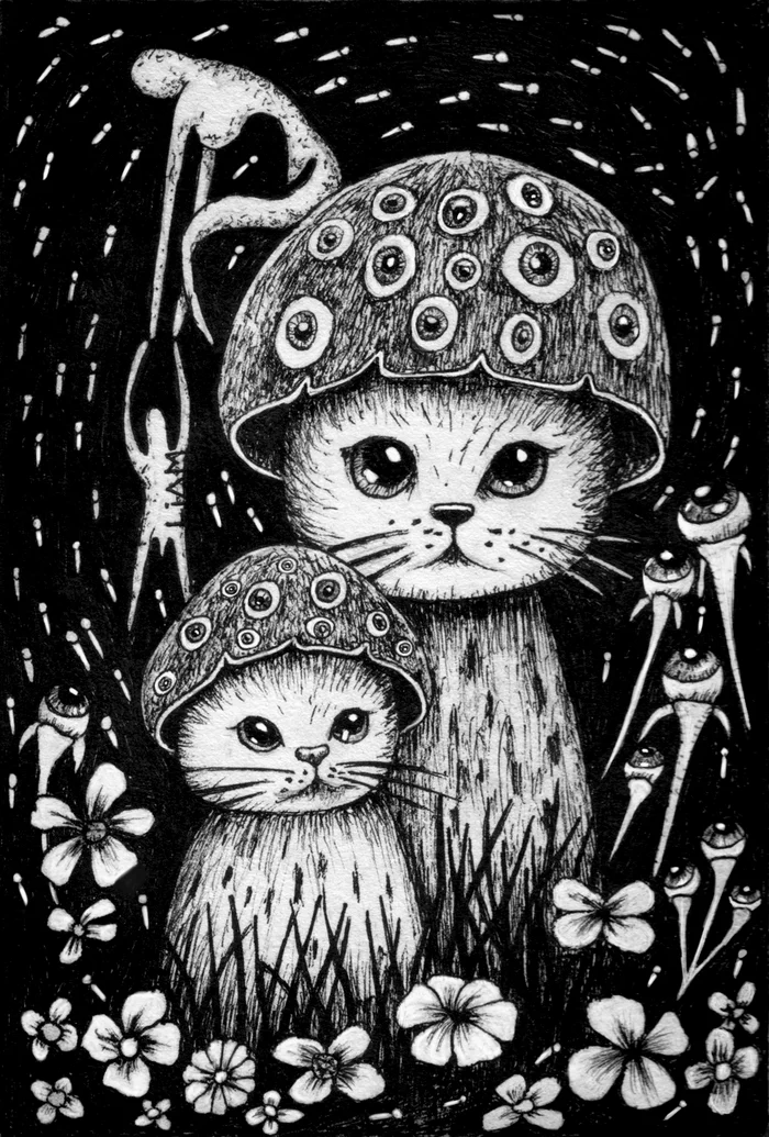 Flies and kittens - My, Artist, Fly agaric, Art, Traditional art, Drawing, Kittens, Eyes, I'm an artist - that's how I see it