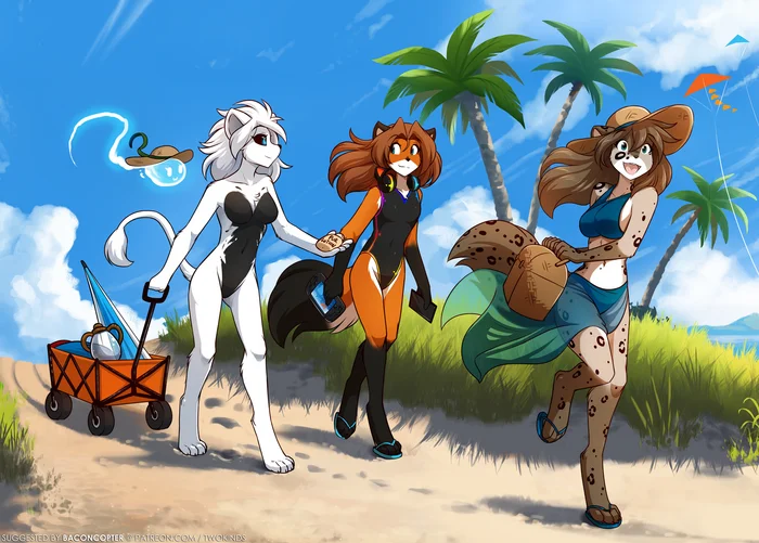 To the beach - Furry, Anthro, Art, Furry edge, Furry fox, Furry feline, Furry lion, Twokinds, Kathrin, Laura, Tom Fischbach