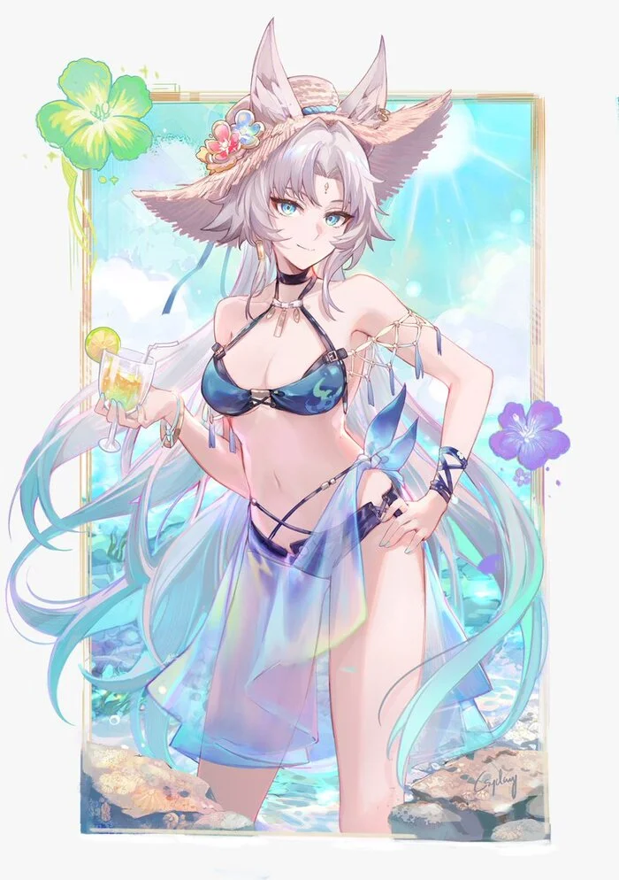 Feixiao - Anime art, Anime, Feixiao (Honkai: Star Rail), Honkai: Star Rail, Swimsuit, Straw hat, Animal ears