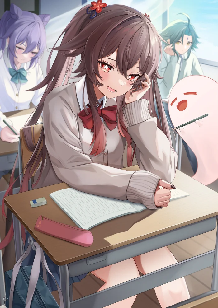 School days - Anime art, Anime, Girls, Games, Genshin impact, Hu Tao (Genshin Impact), Keqing (Genshin Impact), Xiao (Genshin Impact), School uniform, Desk