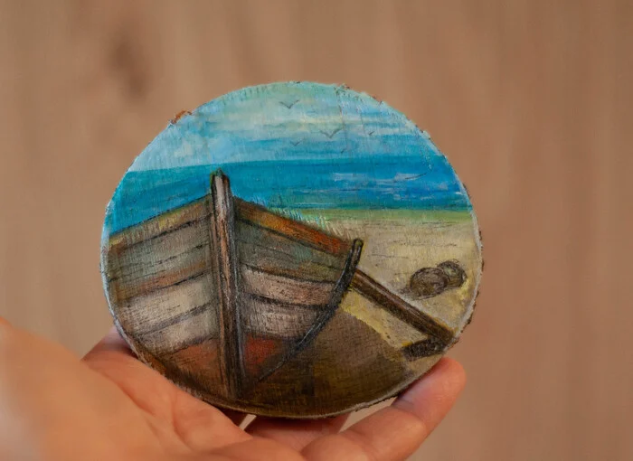 Lonely boat - My, Decor, Handmade, Needlework without process, Painting on wood, Acrylic, Painting, A boat, Painting, Saw, Longpost