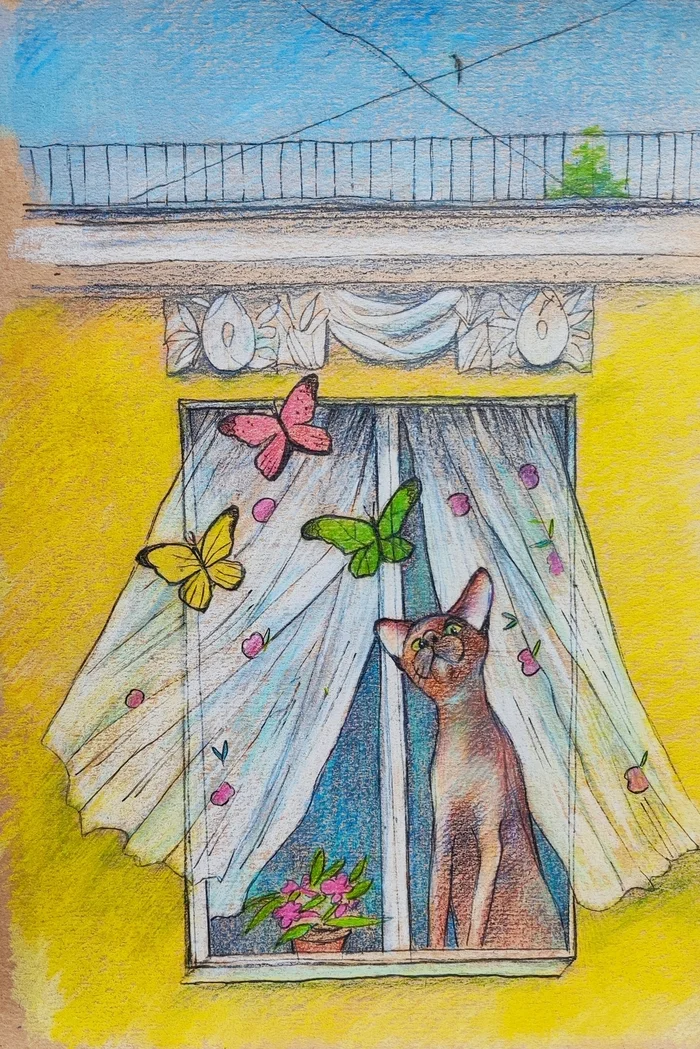 Butterflies - My, cat, Oriental cats, Colour pencils, Craft paper, Luboff00, Outside the window, Liner, Art