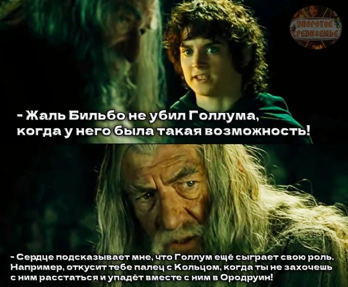 Гэндальф знал какую роль сыграет Голлум - Моё, Упоротое средиземье, Властелин колец, Картинка с текстом, Юмор, Мемы, Фродо Бэггинс, Гэндальф, Голлум, Ородруин, Кольцо
