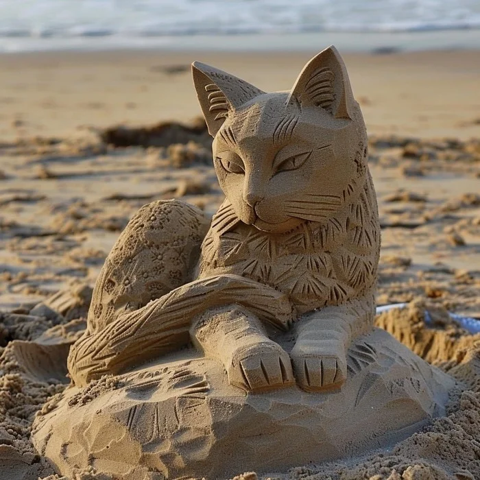 Beach cat - cat, Sand, Sand sculpture, Neural network art