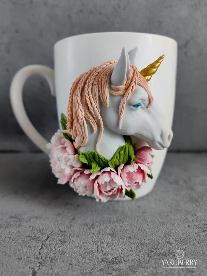 Mug with unicorn - My, Needlework without process, Decoration, Polymer clay, Лепка, Handmade, Longpost, Mug with decor