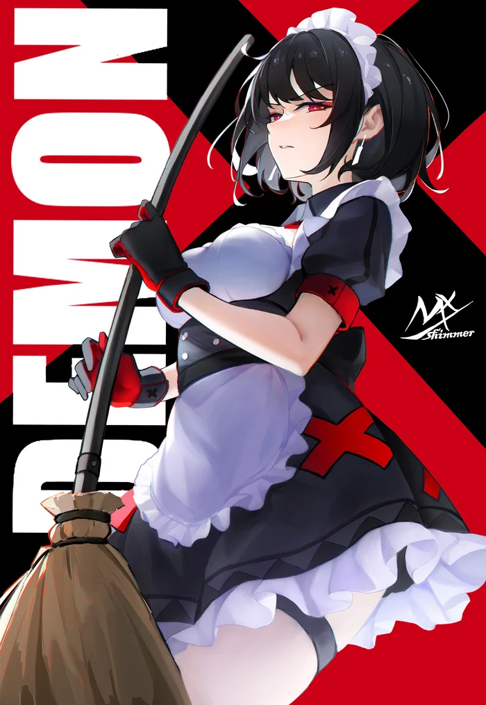 Maid - Anime art, Anime, Original character, Girls, Housemaid, Broom, Red eyes, Demon, Shimmer