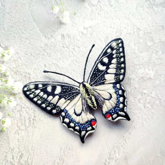 Swallowtail - My, Satin stitch embroidery, Brooch, Butterfly, Handmade, Needlework without process, Longpost