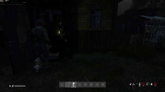 жуткий чел в маске и мой новый друг с шиной на ноге, показатели еды и здоровья почти на нуле