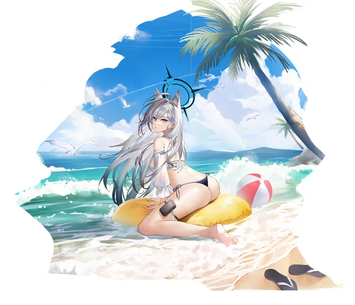 Sunaookami Shiroko #014 - Anime, Anime art, Blue archive, Shiroko Terror, Swimsuit, Beach, Bikini, Long hair, Ball, Nimbus, Animal ears, Birds, Girls, Palm trees, Clouds, Wave