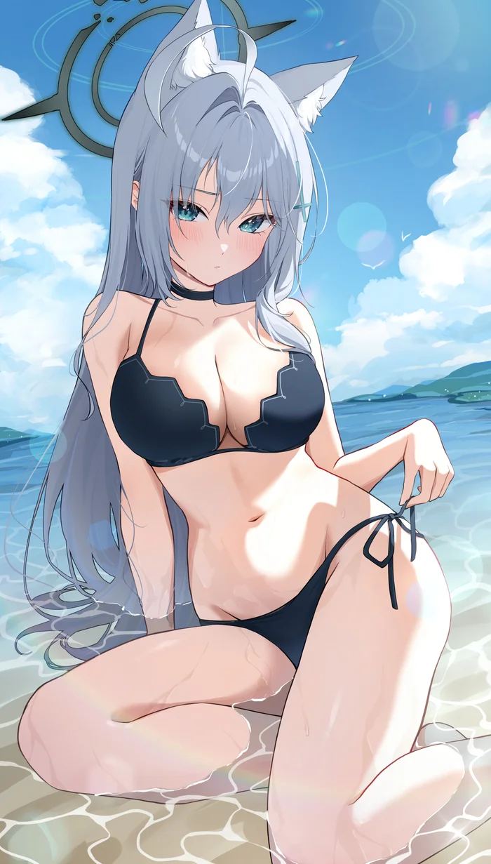 Sunaookami Shiroko #015 - Anime, Anime art, Blue archive, Shiroko Terror, Girls, Beach, Bikini, Clouds, Seagulls, Wave, Nimbus, Animal ears, Stomach, Blush, Swimsuit